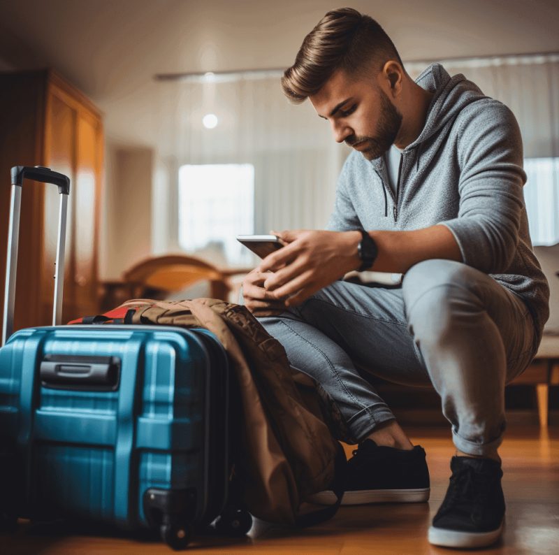 A traveler efficiently packing suitcase