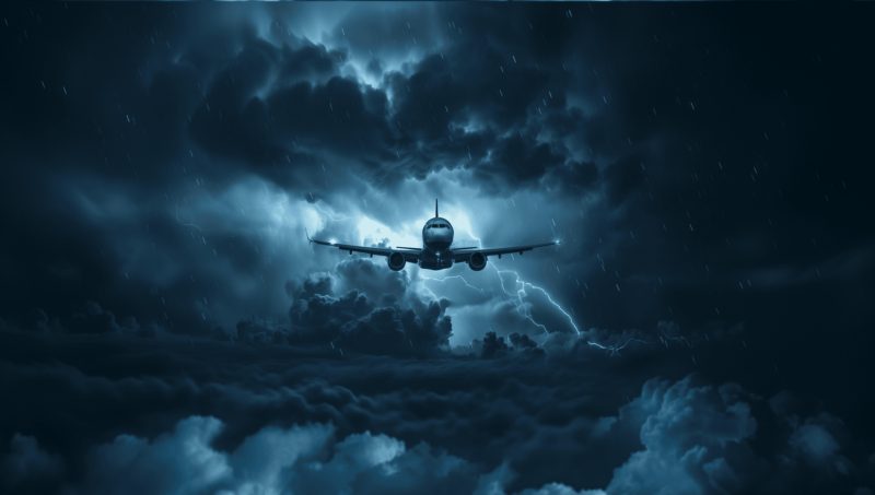 Jet flying through dark storm clouds over Florida