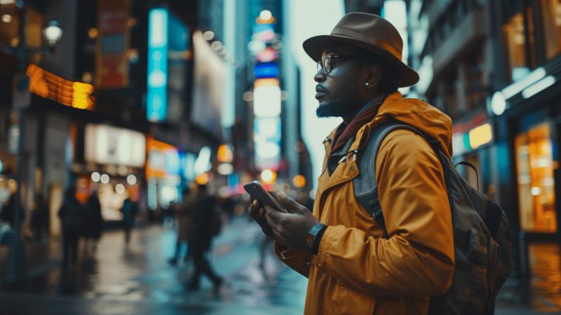 Traveler holding a phone and looking around cautiously in an unfamiliar city, symbolizing the importance of staying safe in new places