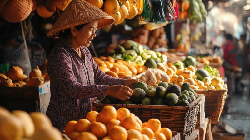 Traveler shopping at a local market for fresh fruits and vegetables, emphasizing healthy eating on the road