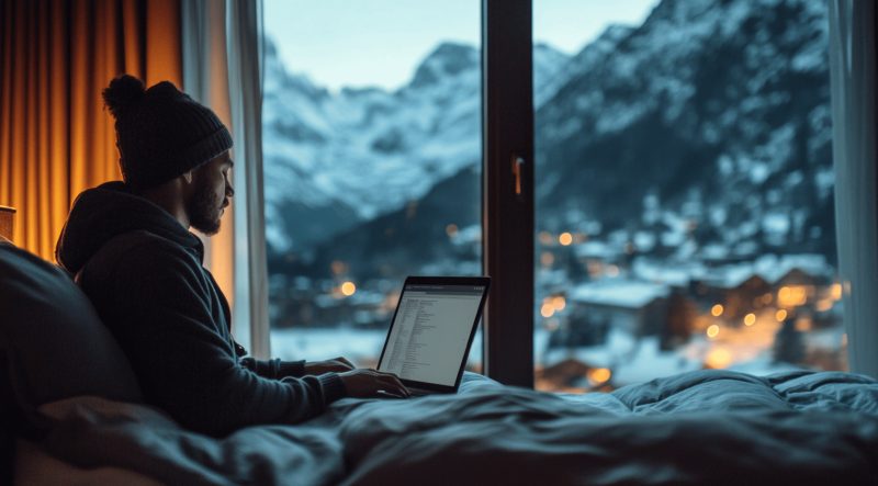 A traveler working on a laptop in a cozy hotel room with a view, showcasing productivity while traveling.