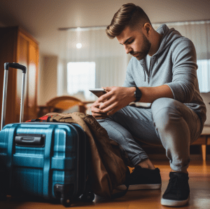 A traveler efficiently packing suitcase