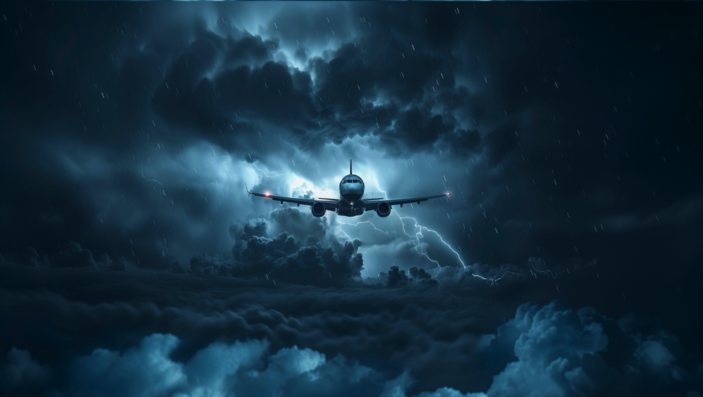 Jet flying through dark storm clouds over Florida