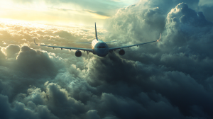 Airplane flying through clouds with turbulence in the atmosphere