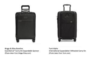Briggs & Riley Essential 22" Carry-On vs. Tumi Alpha International Dual Access Carry-On side-by-side comparison.