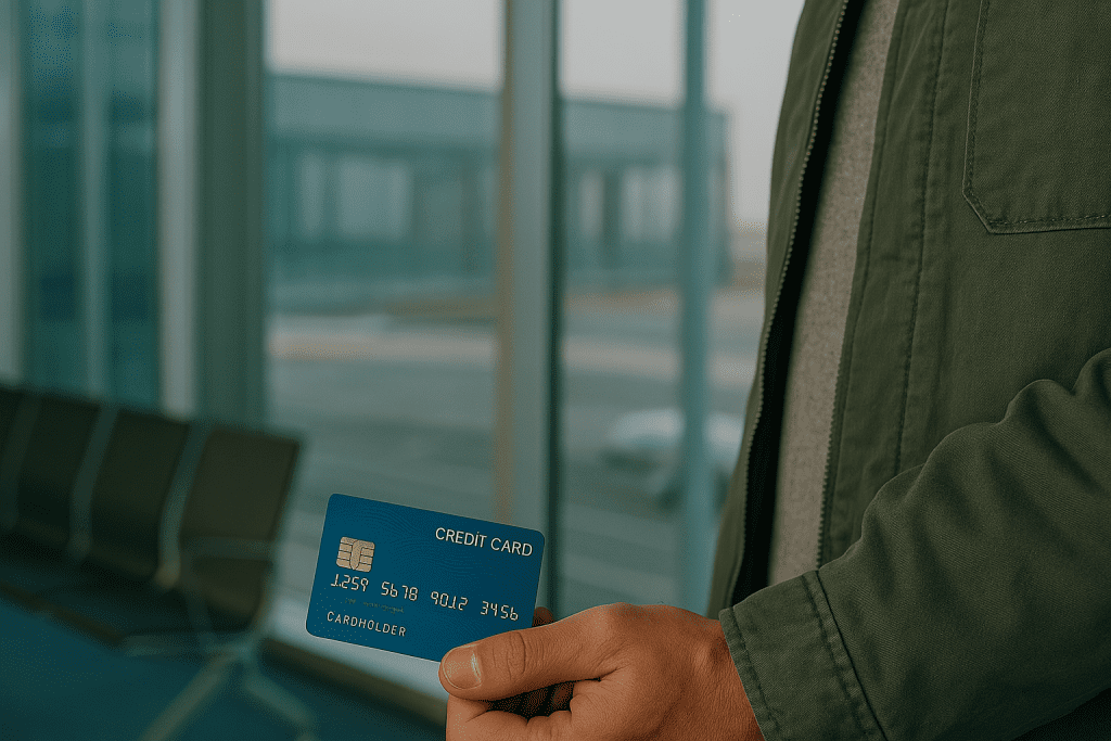 Traveler holding an international credit card at an airport terminal