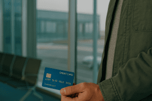 Traveler holding an international credit card at an airport terminal